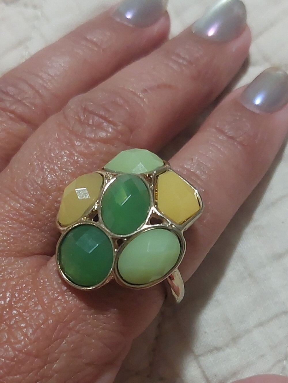 Gold-Tone Green & Yellow Cluster Stone Ring